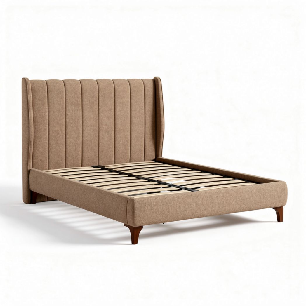 Upholstered queen bed frame with wooden slats - 200 x 160 x 100cm