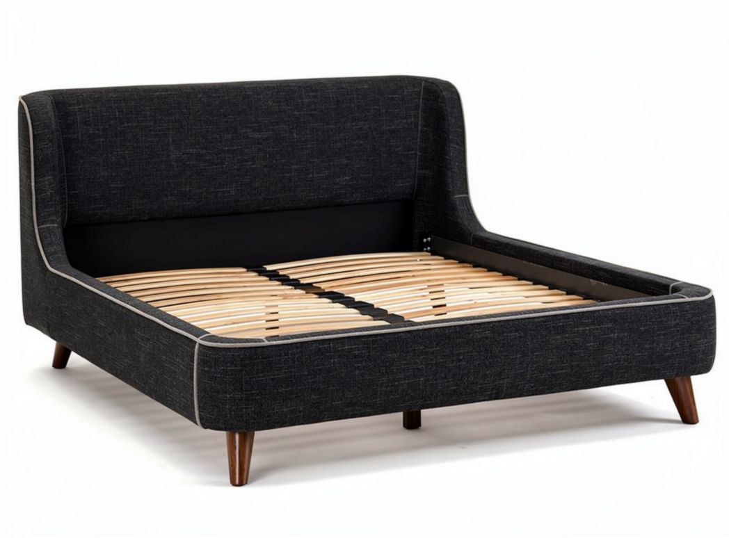 Fabric upholstered platform bed frame with wooden slats - 200 x 160 x 35cm